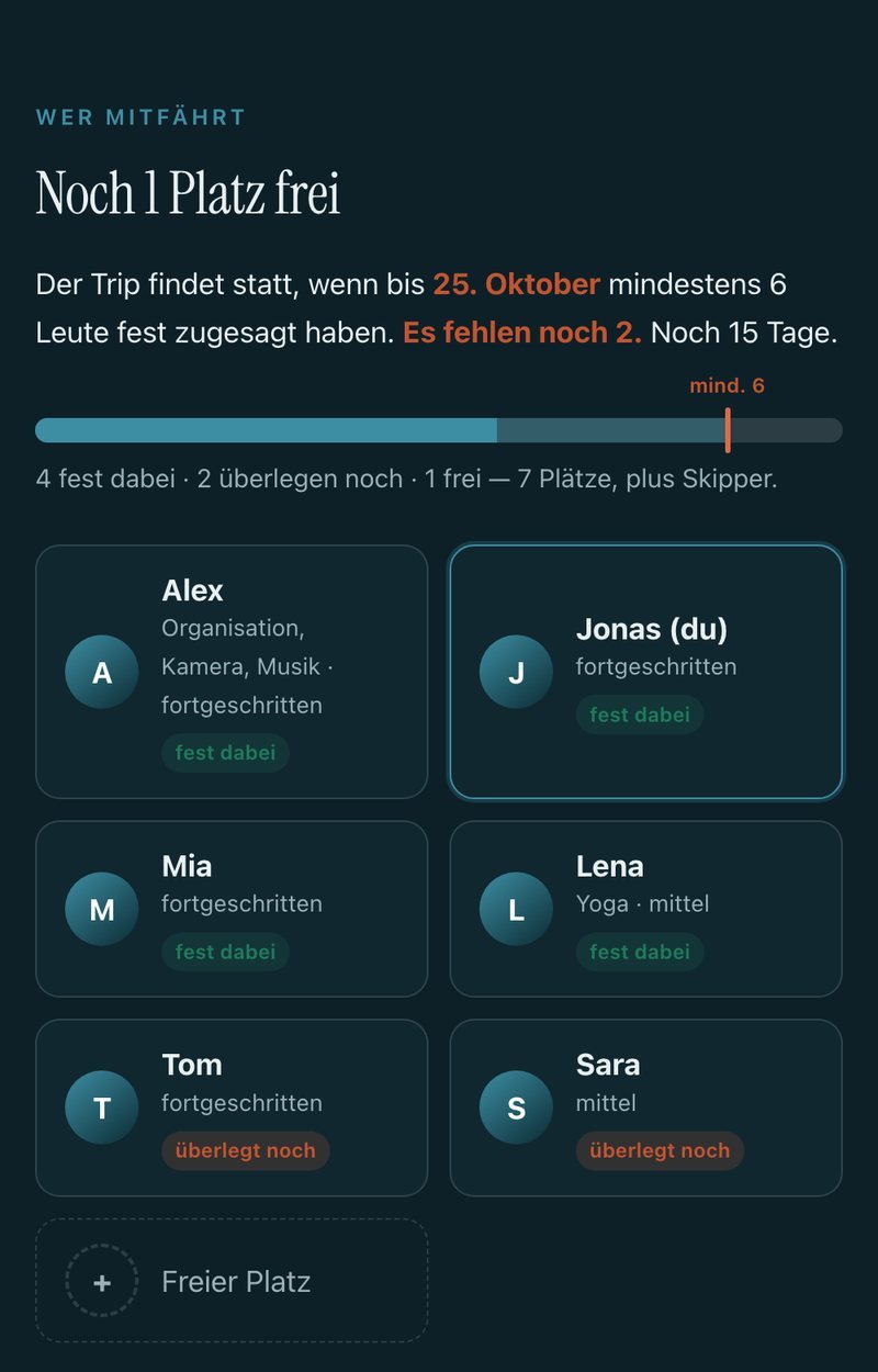 Crew-Seite auf dem Handy: wer mitfährt und wie viele Zusagen noch fehlen
