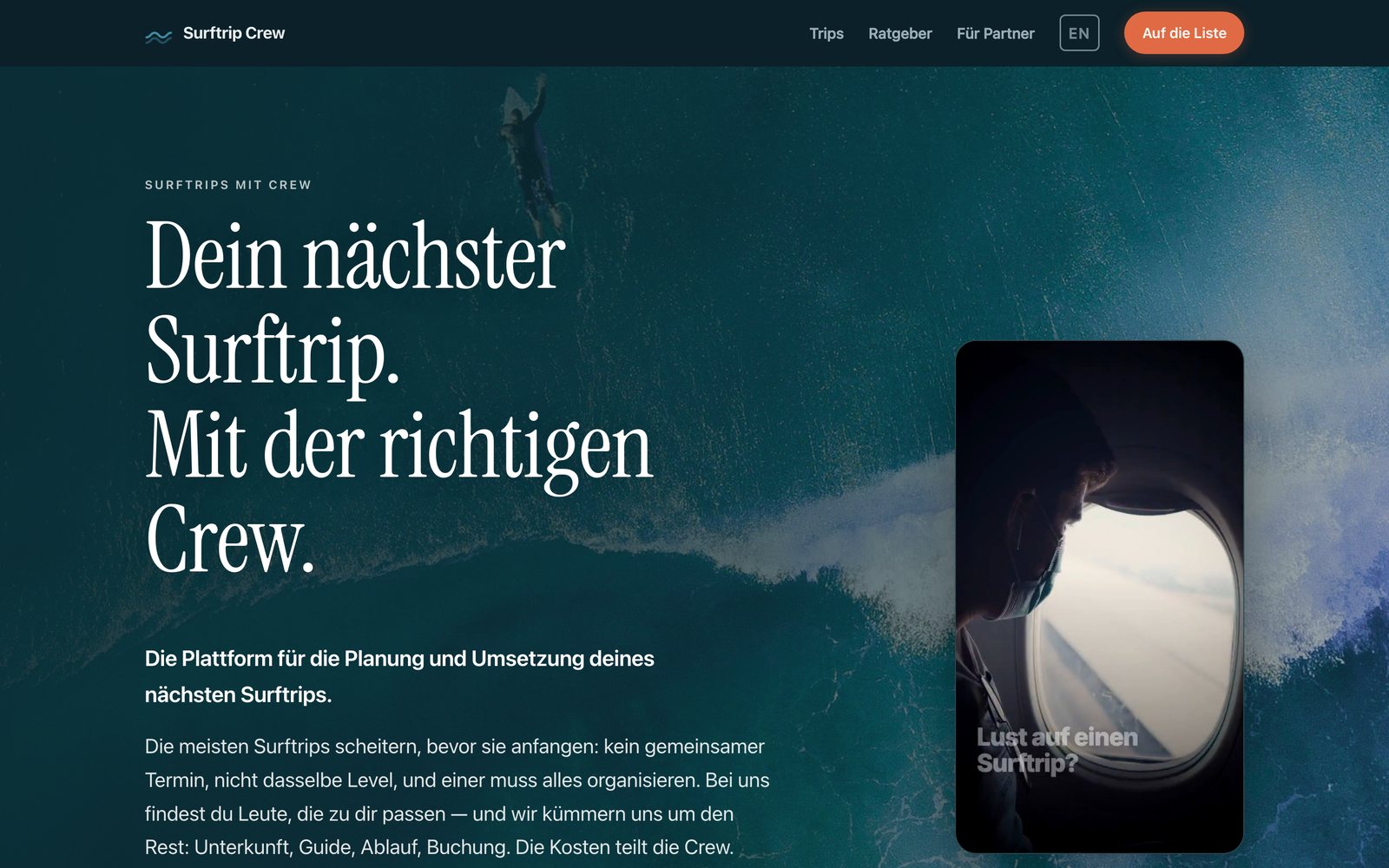 Startseite von surftripcrew.com: „Dein nächster Surftrip. Mit der richtigen Crew.“