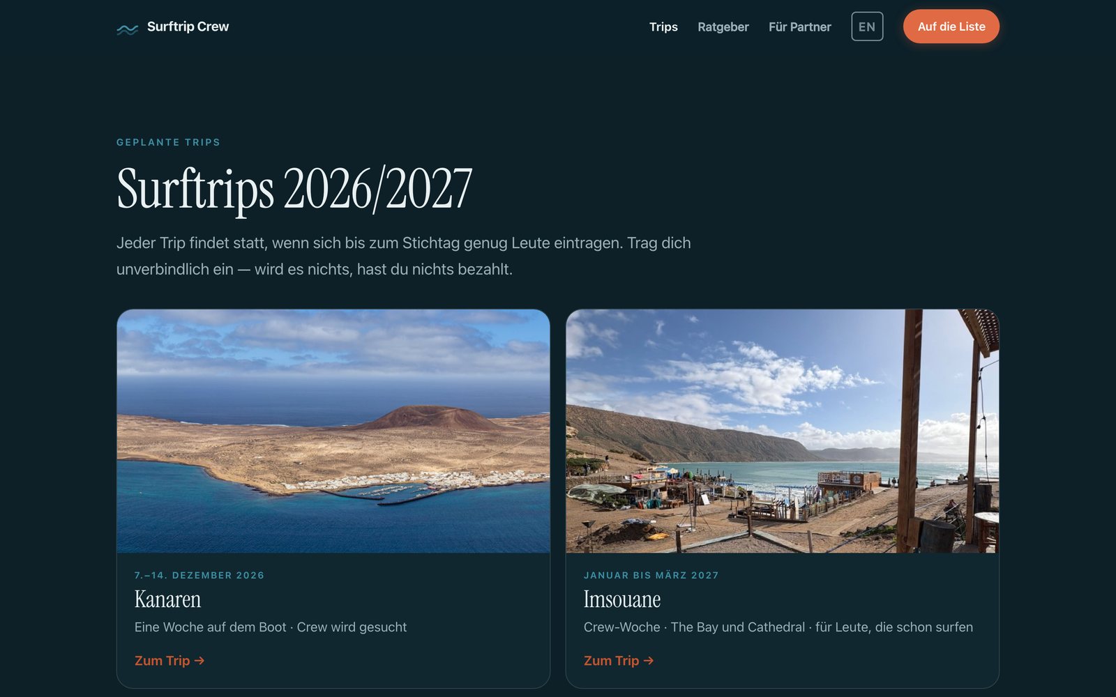 Übersicht der geplanten Surftrips 2026/2027 mit Kanaren und Imsouane